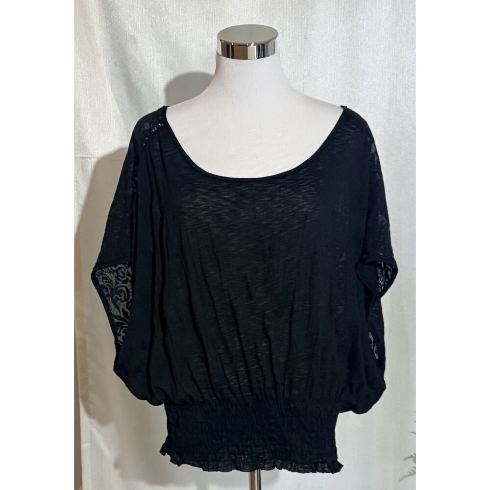 Free People Sheer Black Mixed Lace Dolman Sleeve Blouson Top - Smocked Waist - Picture 2 of 13